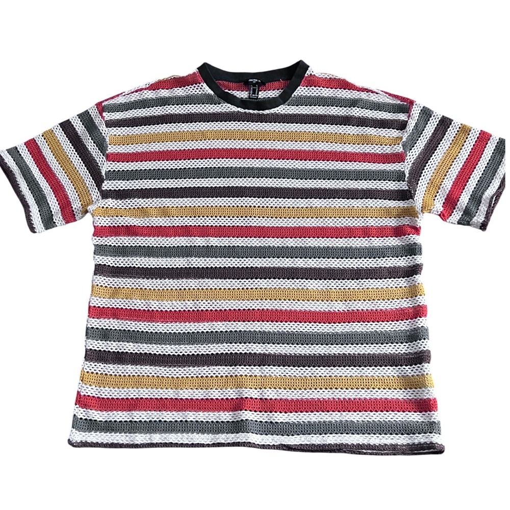Mens Colorful‎ Striped Crochet Open Knit Mesh short sleeve t Shirt Size XL